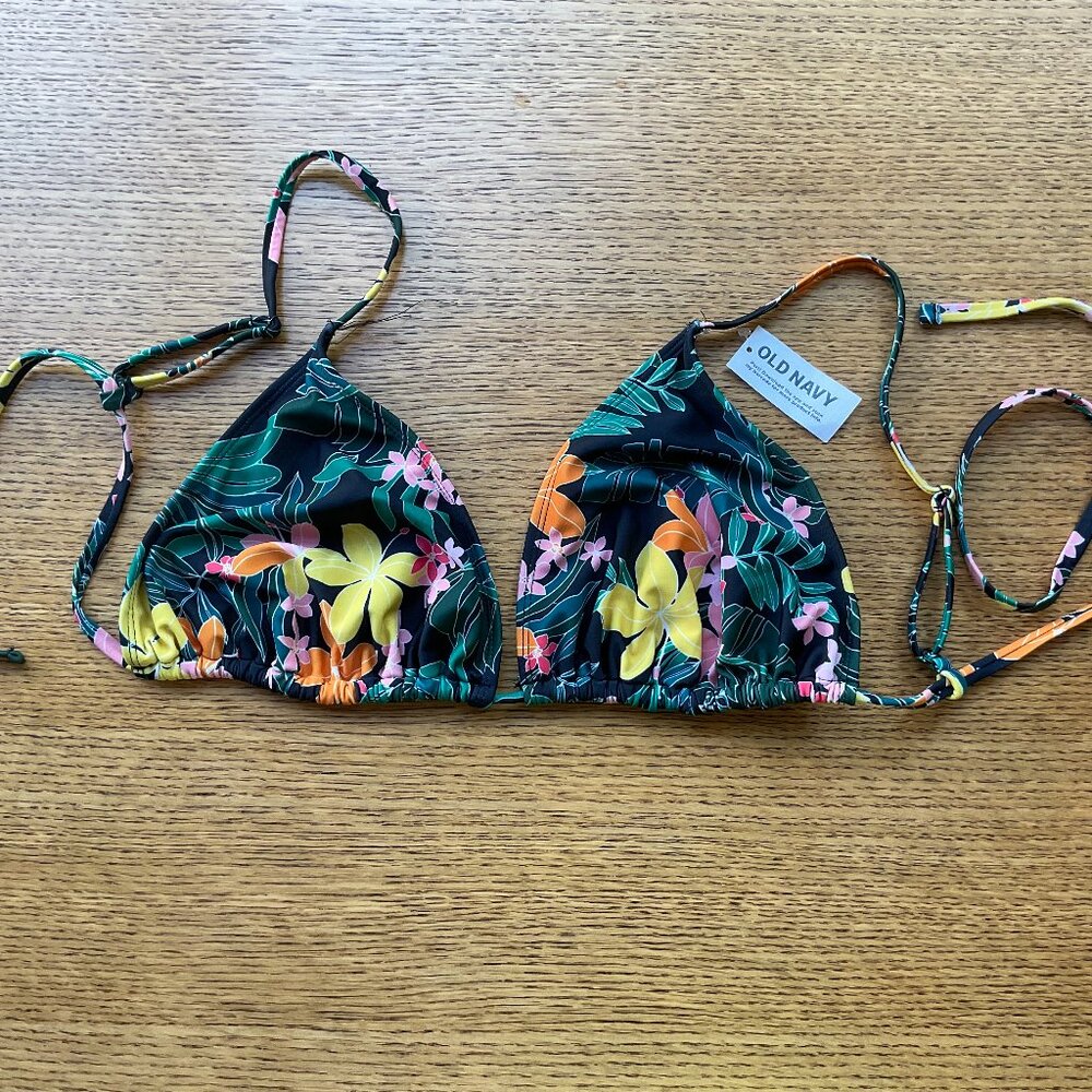 Old Navy Black Floral Triangle Bikini Top with Yellow, Pink and Orange Flowers
